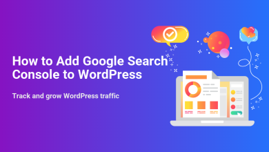 Illustration for 'How to Add Google Search Console to WordPress' showing a laptop with analytics dashboard and traffic data.