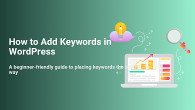 Guide to adding keywords in WordPress for SEO, featuring a laptop displaying growth charts, a lightbulb idea, and a magnifying glass for effective keyword research.