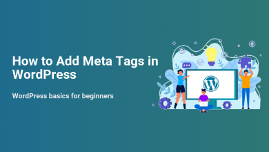 Illustration: People collaborate on a computer with the WordPress logo, optimizing a website with meta tags for SEO.