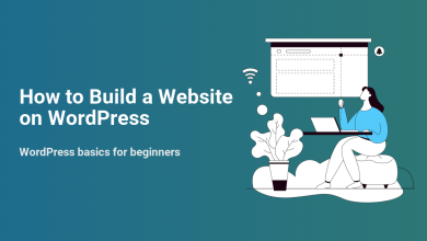 Illustration of a woman building a WordPress website on a laptop, interacting with a website layout on a screen, ideal for beginners.