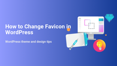 Illustration showing 'How to Change Favicon in WordPress' title with a computer monitor, drawing tablet, diamond, and lightbulb, symbolizing design.