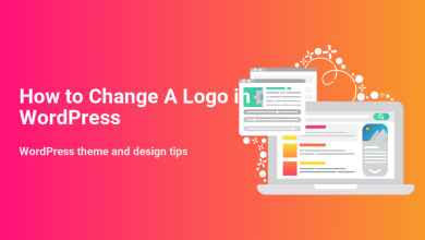 Illustration of website customization screens with gear icons and a laptop, visually explaining how to change a logo in WordPress themes.