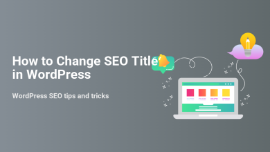 Illustration: 'How to Change SEO Title in WordPress.' Features a laptop, lightbulb idea, and bell icon, symbolizing WordPress SEO tips.
