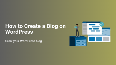 Illustration of a person creating a WordPress blog, featuring hosting, website layout, and content management tools.