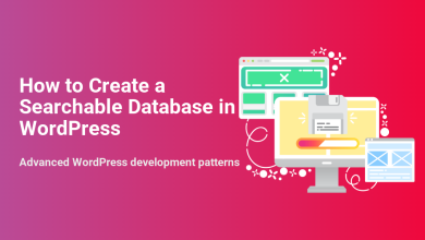 Creating a searchable database in WordPress: illustration of a computer, browser windows, and a floppy disk symbolizing data and search.