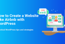 An illustration demonstrating how to create a website like Airbnb with WordPress, featuring a desktop showing user profiles and a mobile alert.