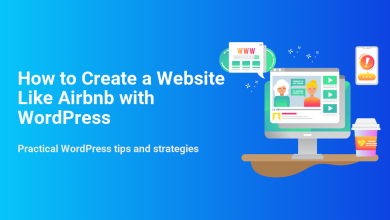 An illustration demonstrating how to create a website like Airbnb with WordPress, featuring a desktop showing user profiles and a mobile alert.