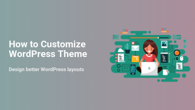 Illustration of a woman customizing a WordPress theme on a laptop, surrounded by icons representing code, design tools, and website elements.