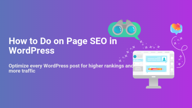 Illustration showing how to do on-page SEO in WordPress, with binoculars, a computer editing a post, and elements for higher rankings and traffic.