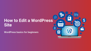 WordPress site editing guide illustration with laptop, WordPress logo, and icons for e-commerce, settings, security, and content management for beginners.