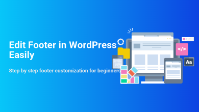 Illustration for editing WordPress footer easily, showing design, code, and customization tools on a monitor and smartphone.