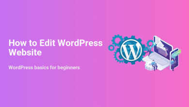 Isometric illustration demonstrating how to edit a WordPress website with the WordPress logo, gears, laptop, mobile phone, and people.