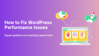 Illustration showing a laptop with an e-commerce site, alongside thought bubbles containing a speed clock and a rocket, symbolizing WordPress performance optimization.