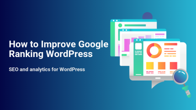 How to Improve Google Ranking WordPress using SEO and analytics tools, depicted with web browser dashboards and a magnifying glass.