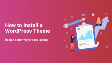Graphic: How to Install a WordPress Theme. Two people work with data and a laptop, symbolizing theme setup and designing better WordPress layouts.