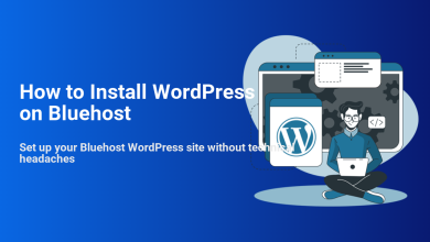 Illustration of a user easily installing WordPress on Bluehost, surrounded by web development tools and the WordPress logo for a smooth website setup.