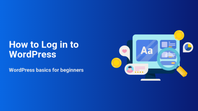How to Log in to WordPress guide illustration, showing a computer screen with website content, search, and user profile elements for beginners.