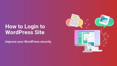 Graphic: "How to Login to WordPress Site" and "Improve your WordPress security" with a dashboard, content icons, and stars.