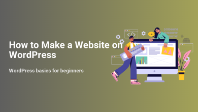 Illustration of two people collaborating on how to make a website on WordPress, showing design and development aspects.