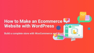 Illustration for 'How to Make an Ecommerce Website with WordPress' showing an online store, shopping bags, and payment cards.