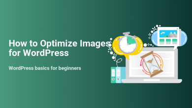 How to optimize images for WordPress to improve website speed and performance. Features a laptop, stopwatch, and hourglass.