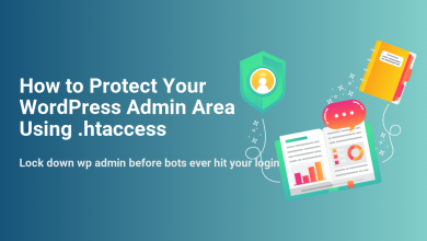 Illustration showing WordPress admin security using .htaccess rules, with a shield icon, open book, and speech bubble.