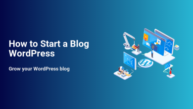 Illustration depicting the process of building and growing a WordPress blog with text: How to Start a Blog WordPress.