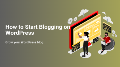 Two people designing and managing a WordPress blog on a large monitor. A visual guide to how to start blogging on WordPress.