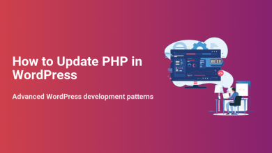 Illustration of a developer working on a laptop and monitor displaying code and settings, with 'How to Update PHP in WordPress' text.