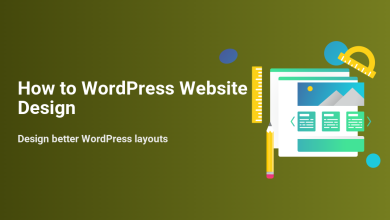 Illustration showing how to WordPress website design, featuring a website layout, ruler, pencil, and protractor on a green background.