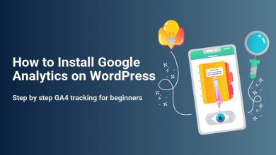 Illustration showing how to install Google Analytics GA4 on WordPress, featuring a smartphone with a notebook, lightbulb, and magnifying glass for tracking website data.