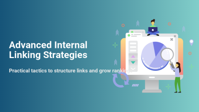 Illustration depicting advanced internal linking strategies for WordPress sites, showing SEO data analysis on a monitor with people working on laptops and examining charts.