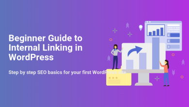 Illustration for a beginner guide to internal linking in WordPress, showing website data, growth, and people analyzing SEO.