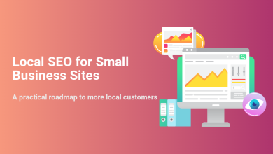 Local SEO for Small Business Sites graphic: roadmap to more local customers with analytics dashboard, data folders, and eye icon for visibility.