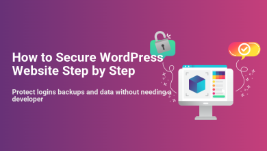 Guide to secure WordPress website step by step. Visuals include a padlock, a computer showing website data, and a checkmark for successful protection of logins, backups, and data without a developer.