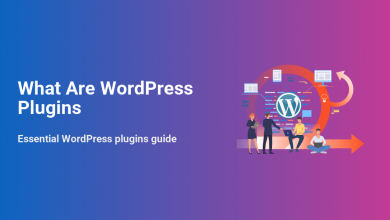 What are WordPress plugins illustration: a team collaborating with devices and a workflow around the WordPress logo.