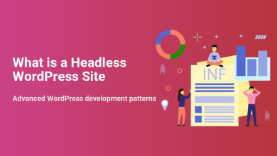 Illustration depicting "What is a Headless WordPress Site" with people interacting with data, documents (INF), and development elements, representing advanced WordPress patterns.