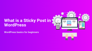 What is a sticky post in WordPress illustration showing content management on desktop, tablet, and mobile devices with gears and clocks.