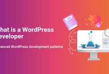 Illustration for 'What is a WordPress Developer' showing a computer, flask, book, and magnifying glass, symbolizing learning and development.