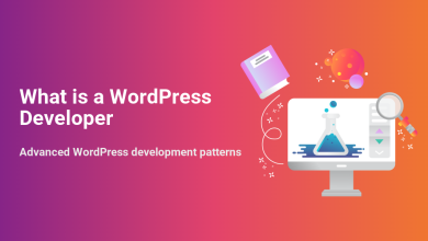 Illustration for 'What is a WordPress Developer' showing a computer, flask, book, and magnifying glass, symbolizing learning and development.