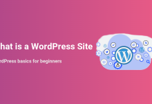 Illustration depicting 'What is a WordPress Site' with the WordPress logo inside a cloud, surrounded by icons for themes, plugins, e-commerce, social media, and site management, representing WordPress basics for beginners.