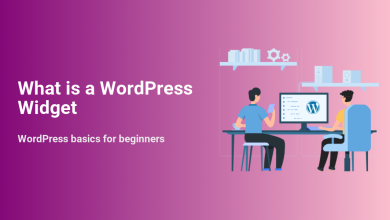 Two people learning about and managing WordPress widgets on a computer, with the WordPress logo prominent on screen, explaining WordPress basics.