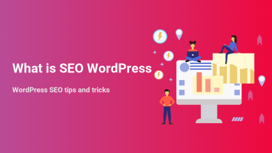 People optimizing a WordPress site for SEO, analyzing data on screens with charts, lightning bolts, and location pins, signifying improved search ranking.