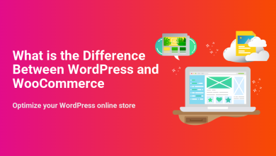 Illustrative graphic outlining the difference between WordPress and WooCommerce, featuring a website layout, cloud content, and an e-commerce store on a laptop.