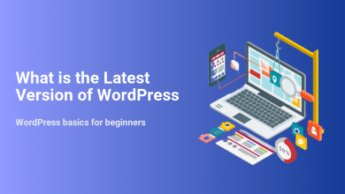 Isometric illustration showing a laptop and smartphone managing website elements, with text "What is the Latest Version of WordPress". Represents WordPress basics and updates.