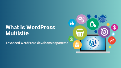 Laptop with WordPress logo and diverse icons illustrating WordPress Multisite features and advanced development patterns for managing multiple sites.