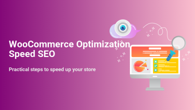 Graphic detailing WooCommerce optimization for speed and SEO, with a monitor displaying performance data, checklists, and a magnifying glass for analysis.