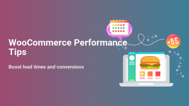 WooCommerce Performance Tips graphic: Laptop displaying an e-commerce product, calendar, and +5$ coin for faster loads and better conversions.