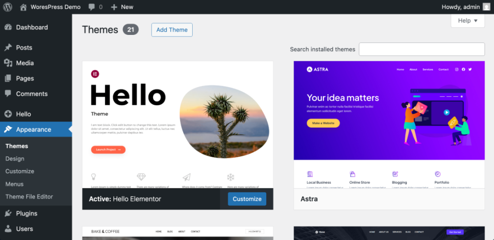 WordPress dashboard showing the 'Appearance > Themes' section, highlighting an active theme like 'Hello Elementor' and displaying other options like 'Astra' for a blog site.