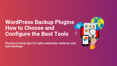 WordPress backup plugins illustration showing cloud storage, data analysis, and a smartphone for site recovery and configuration.
